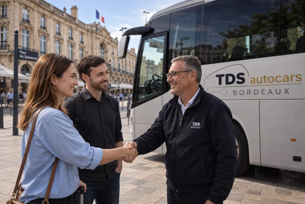 location autocar bordeaux chauffeur et groupe satisfait